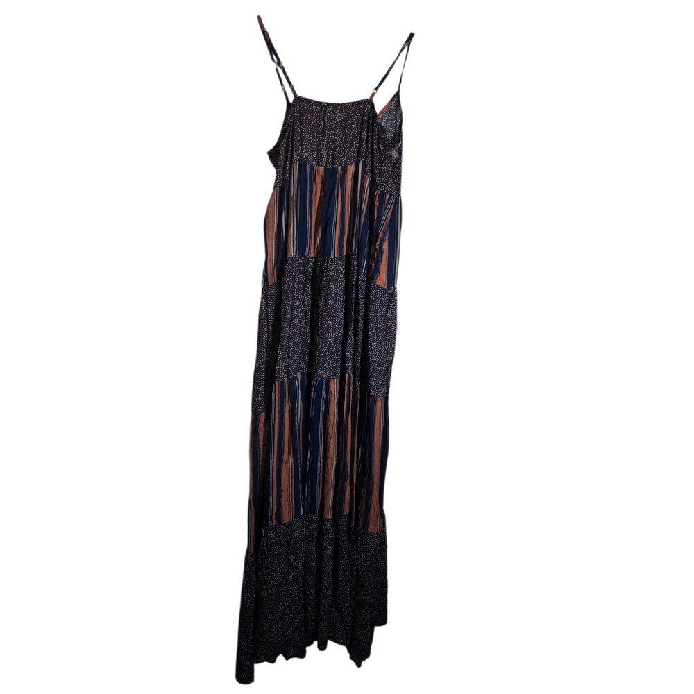 Spirit of Grace Women Mixed Print Tiered Maxi Dress Navy Rust PolkaDot Stripe XS - Picture 4 of 4